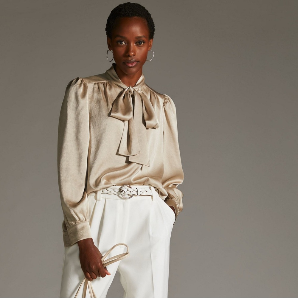 Mare Mare Satin Tie-Neck Blouse Medium in Beige
